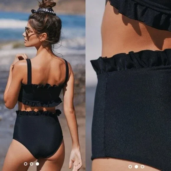 NEW Citrine x Anthropologie Alice Ruffle High Waist Ribbed Bikini Bottom L Black - Picture 4 of 10